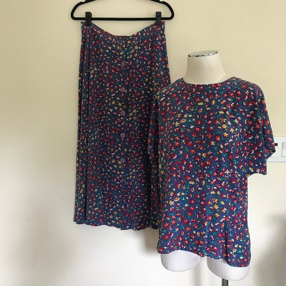Vintage Dresses & Skirts - Vintage Silk Midi Skirt & Blouse 2 Piece Set